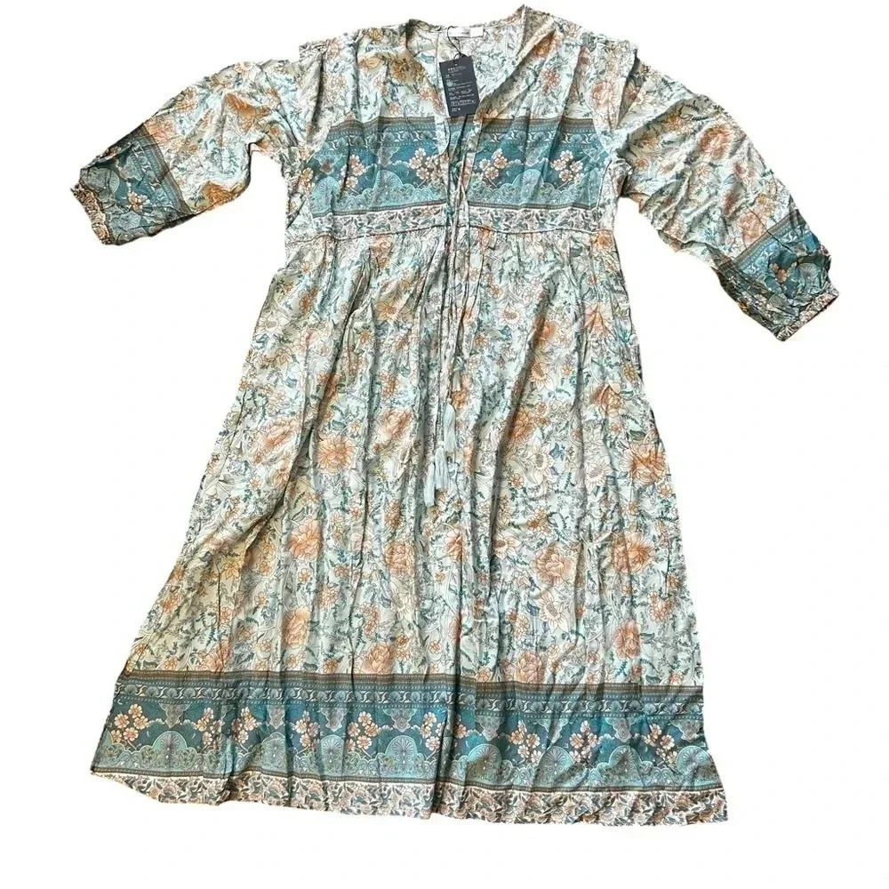R Vivimos Womens Large Floral Midi Dress Light Blue Burnt Orange Fall Vibes NWT